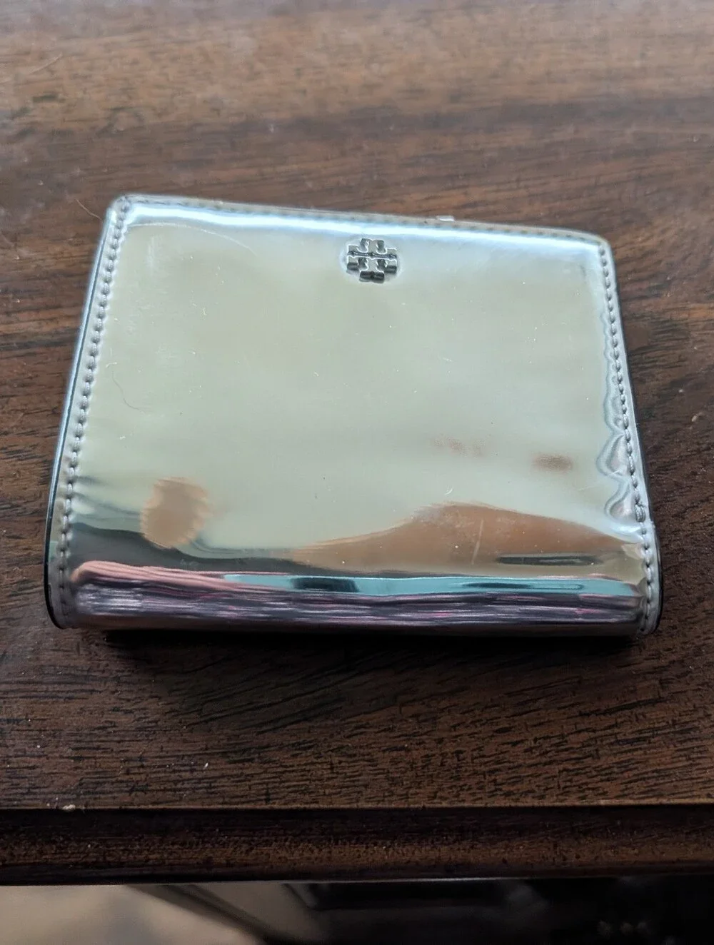 Tory Burch Emerson Mirror Small Silver Metallic Reflective Bi Fold Wallet